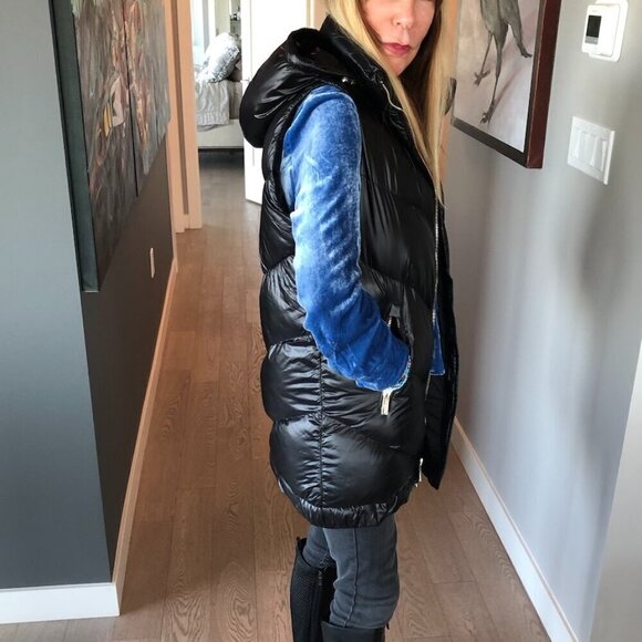 MICHAEL KORS Black Quilted Puffer Hoodie Vest Long Tunic Length high neck Gold S - Picture 5 of 16
